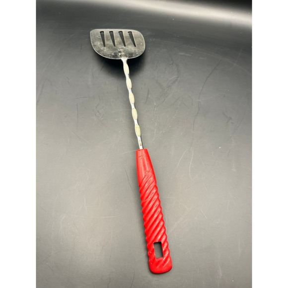 Vtg Kitchen Offset Slotted Spatula Red Handle Stainless Steel Utensil 12" As Is - Picture 4 of 5